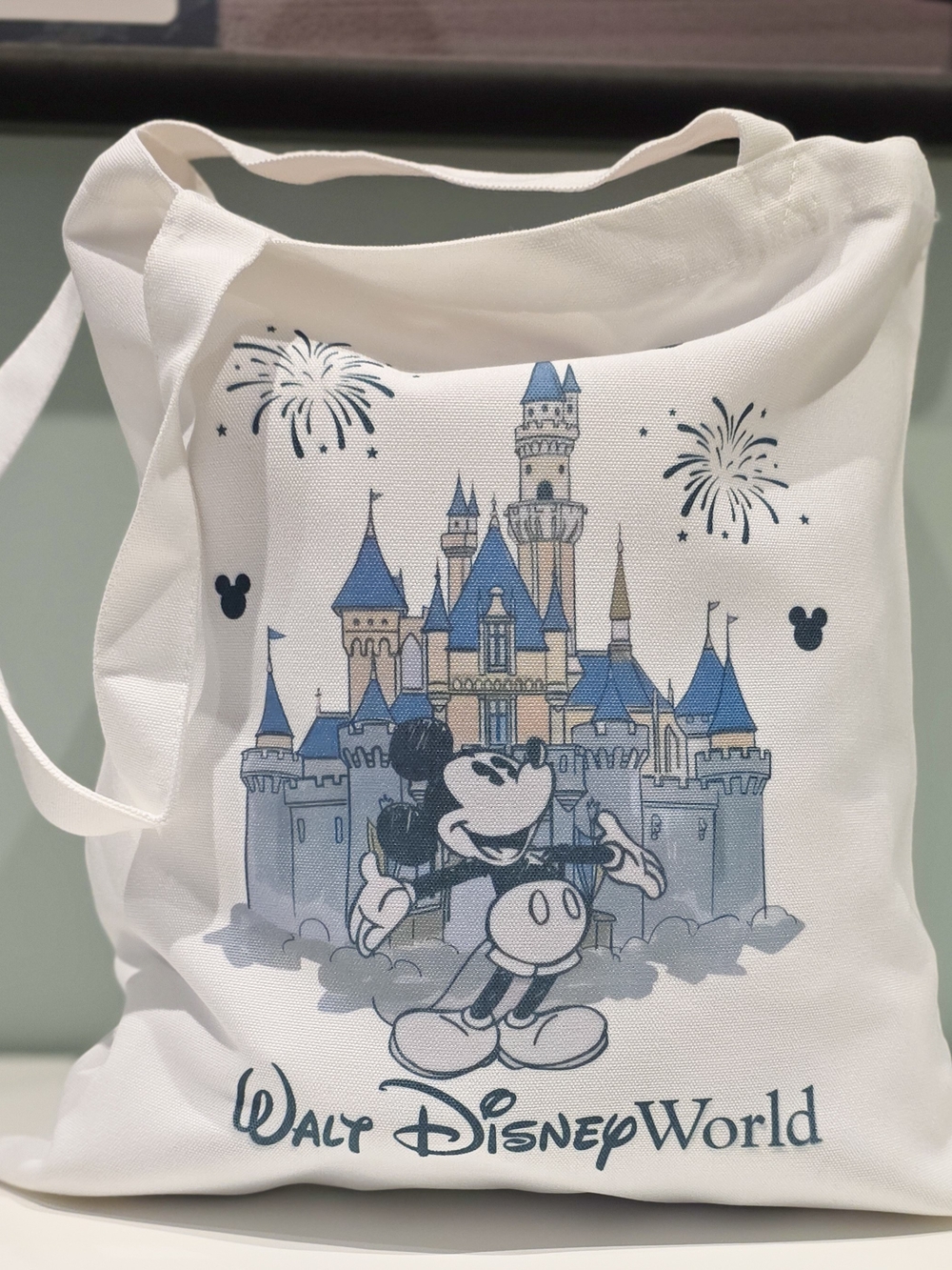 White Tote Bag with Blue Castle and Mickey Artwork